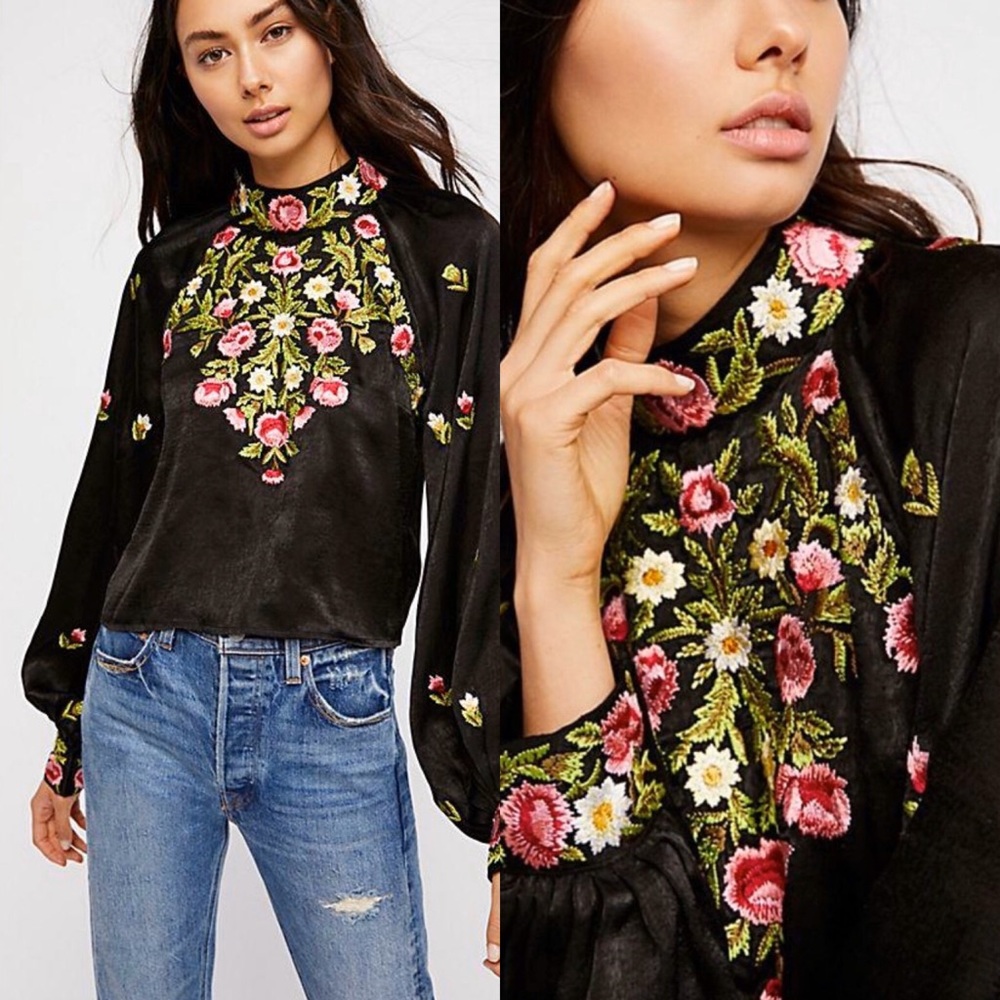 NWT Free People HIgh Neck Embroidered Blouse